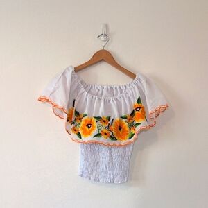 White Off-Shoulder Cotton Stretch Top Traditiona Orange Floral Embroidery Sz S/M